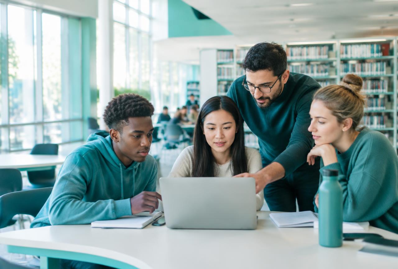 Students and a mentor working together in a library