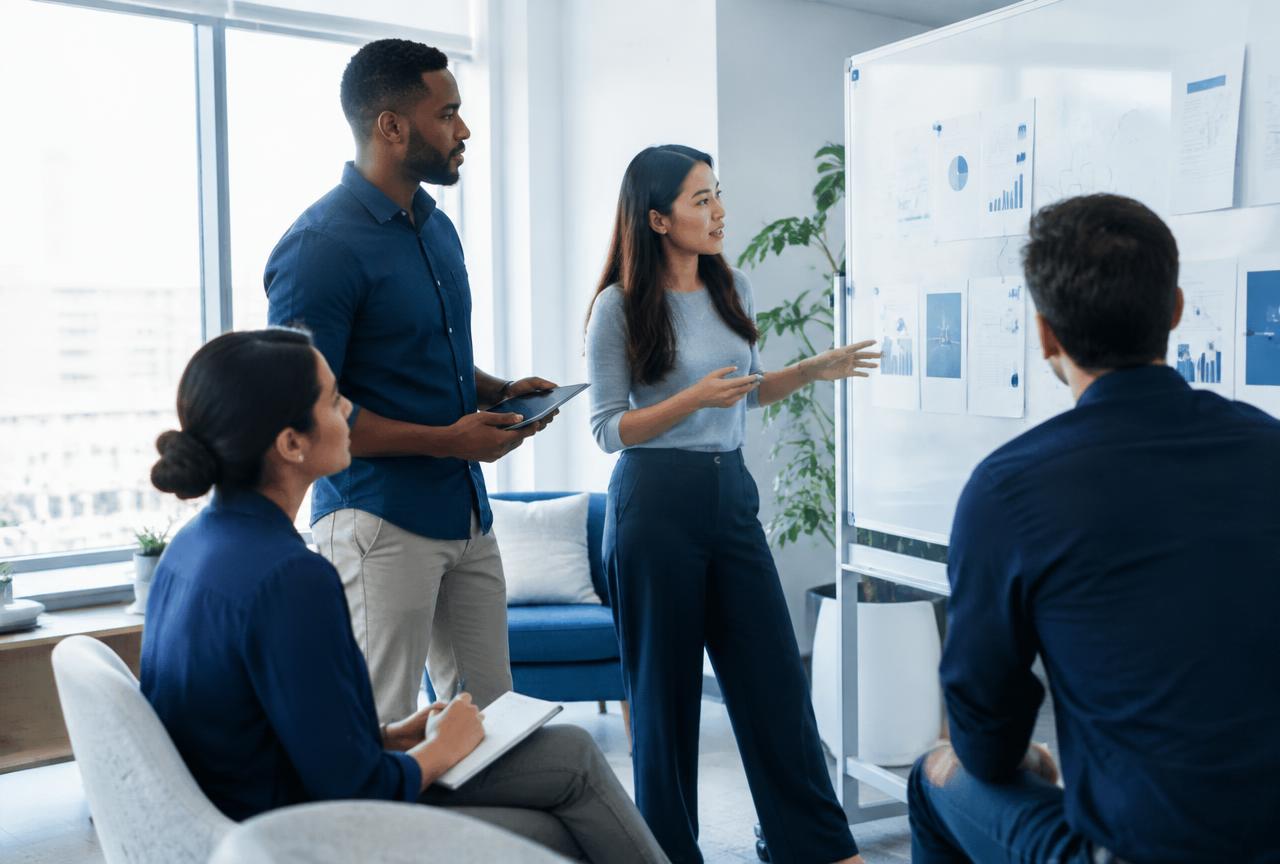 A hiring team reviewing work at a whiteboard