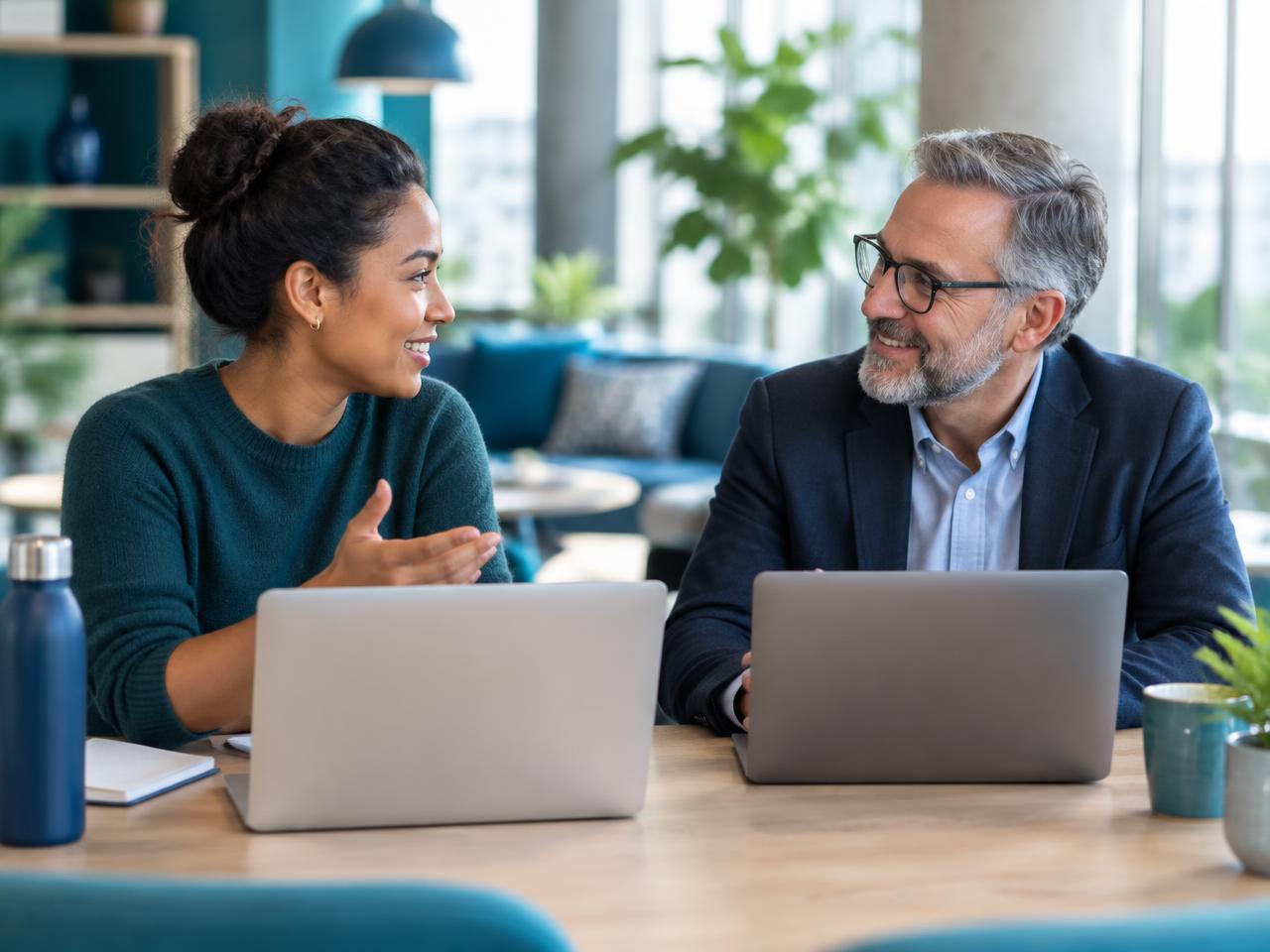 Two professionals in conversation at a shared work table